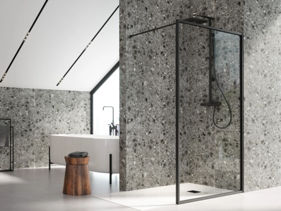 Paroi de douche fixe avec contour de profilés en aluminium, L. 80 à 160 cm, Hauteur 195 cm, verre sécurité 8 mm, traité anti-calcaire STOCK DISPONIBLE livraison offerte et rapide.